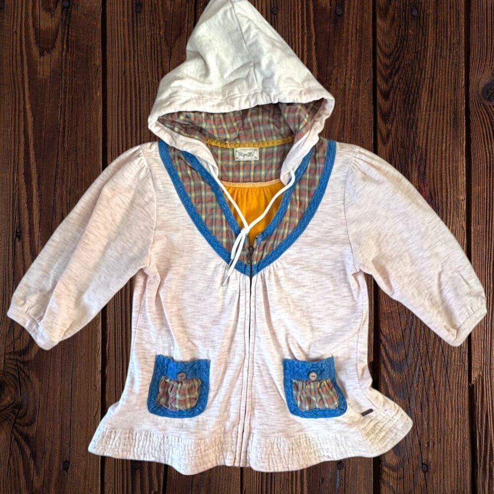 Miss Me Boho Ruffle Hem Hoodie Plaid Trim Zip Front Y2K Cottagecore Prairie L